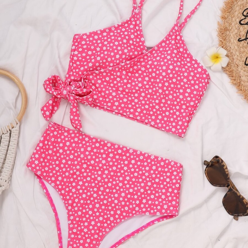 Boho Neon Pink Floral Print Tie V neck Bikini swim - Picture 6 of 6